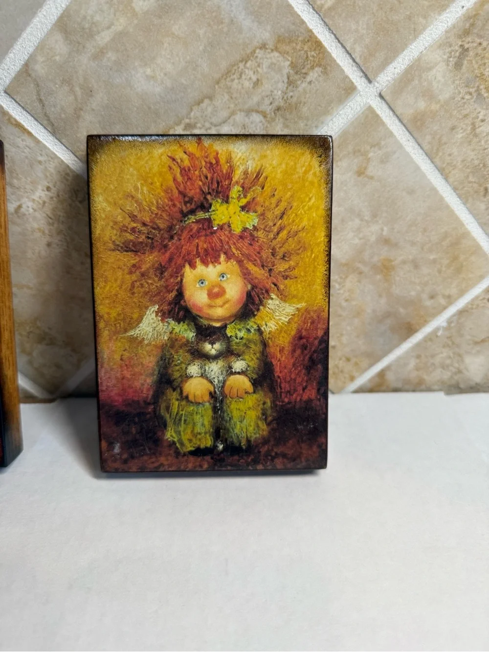 Set of 2 Angel Wood Wall Plaques Folk Art Whimsical Guardian Angel Decor 6”